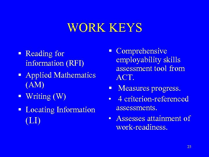 WORK KEYS § Reading for information (RFI) § Applied Mathematics (AM) § Writing (W)