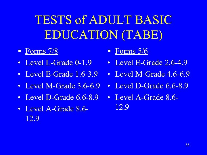 TESTS of ADULT BASIC EDUCATION (TABE) § • • • Forms 7/8 Level L-Grade