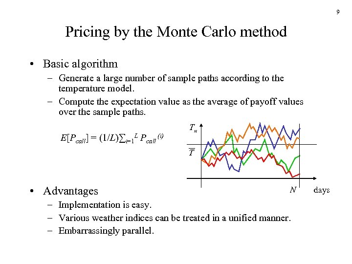 9 Pricing by the Monte Carlo method • Basic algorithm – Generate a large