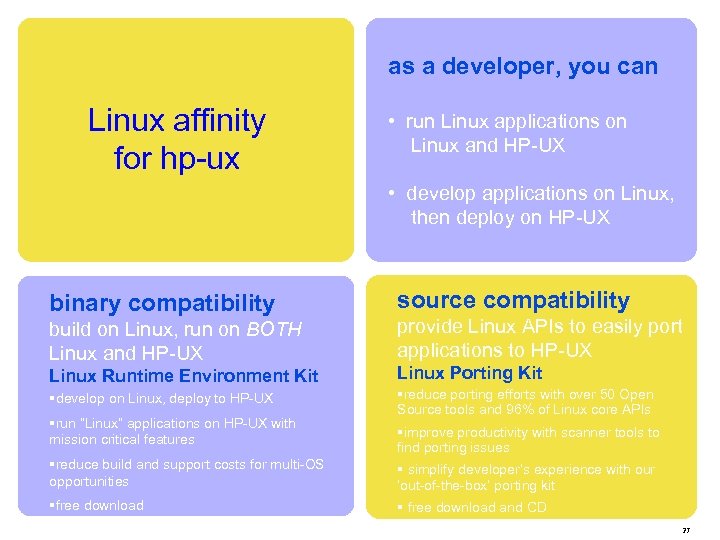 as a developer, you can Linux affinity for hp-ux • run Linux applications on