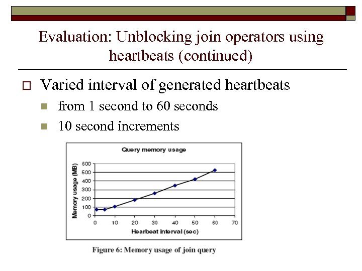 Evaluation: Unblocking join operators using heartbeats (continued) o Varied interval of generated heartbeats n