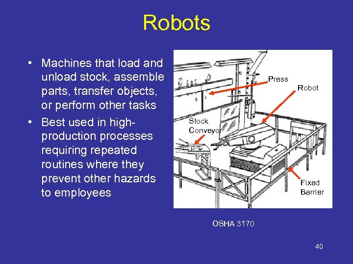 Robots • Machines that load and unload stock, assemble parts, transfer objects, or perform