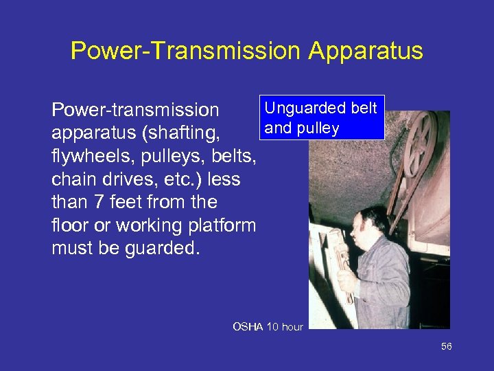 Power-Transmission Apparatus Unguarded belt Power-transmission and pulley apparatus (shafting, flywheels, pulleys, belts, chain drives,