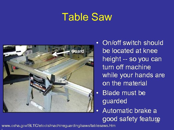 Table Saw Guard • On/off switch should be located at knee height -- so