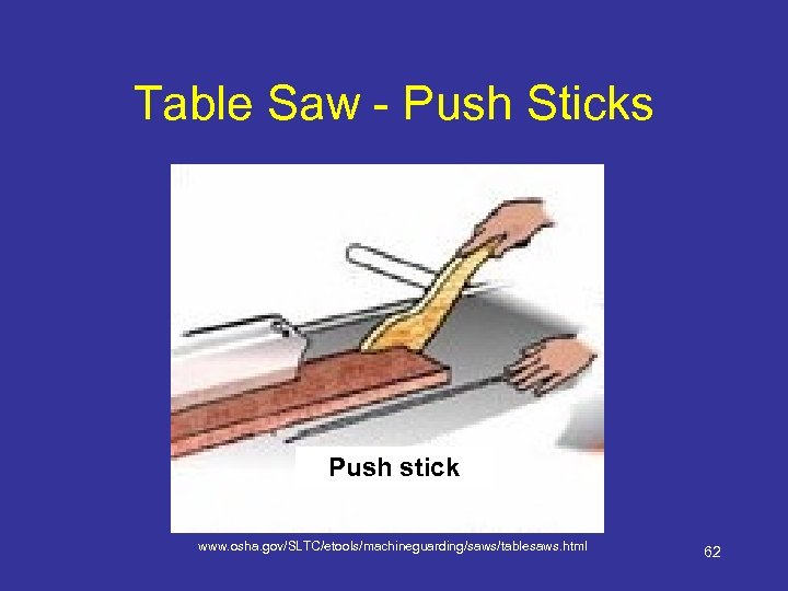 Table Saw - Push Sticks Push stick www. osha. gov/SLTC/etools/machineguarding/saws/tablesaws. html 62 