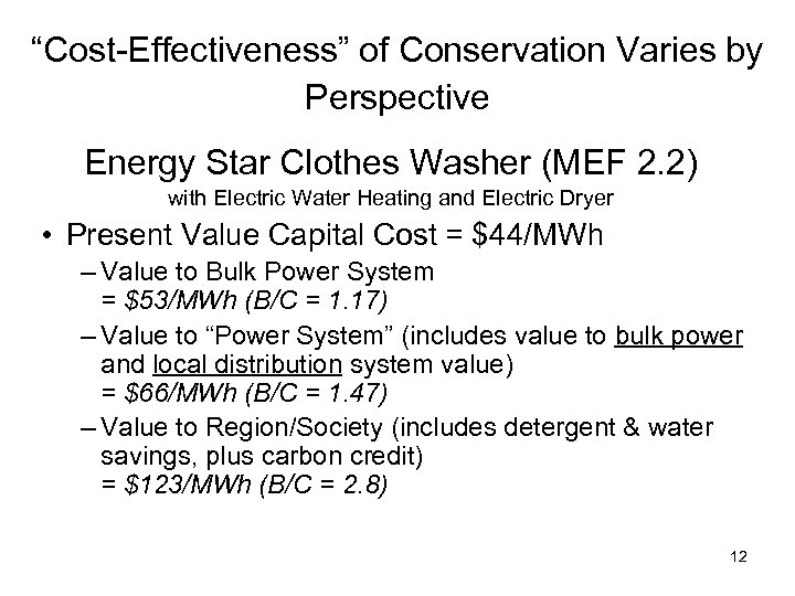“Cost-Effectiveness” of Conservation Varies by Perspective Energy Star Clothes Washer (MEF 2. 2) with