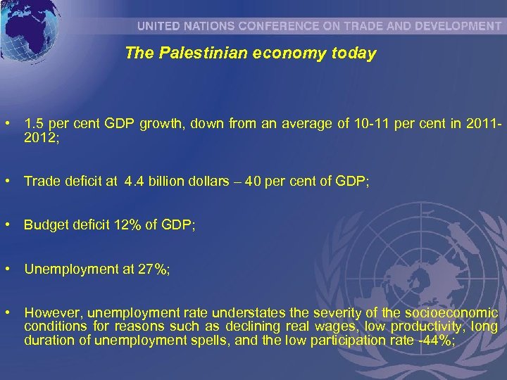 The Palestinian economy today • 1. 5 per cent GDP growth, down from an