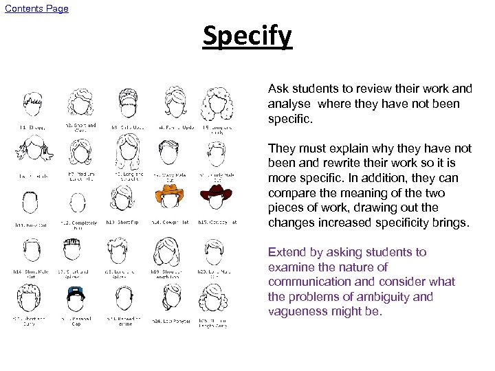 Contents Page Specify Ask students to review their work and analyse where they have