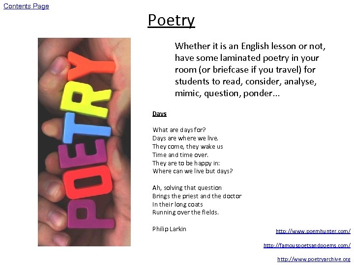 Contents Page Poetry Whether it is an English lesson or not, have some laminated