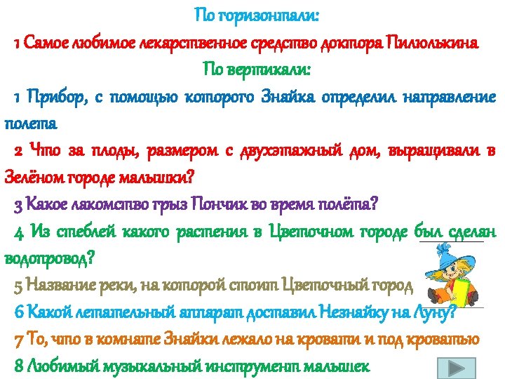 По горизонтали: 1 Самое любимое лекарственное средство доктора Пилюлькина По вертикали: 1 Прибор, с