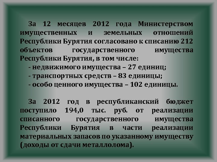 За 12 месяцев 2012 года Министерством имущественных и земельных отношений Республики Бурятия согласовано к