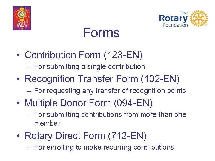 Forms • Contribution Form (123 -EN) – For submitting a single contribution • Recognition