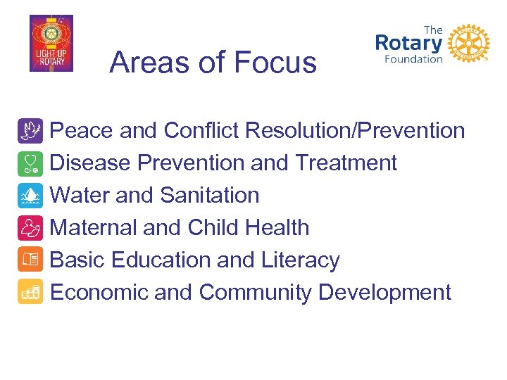 Areas of Focus • • • Peace and Conflict Resolution/Prevention Disease Prevention and Treatment