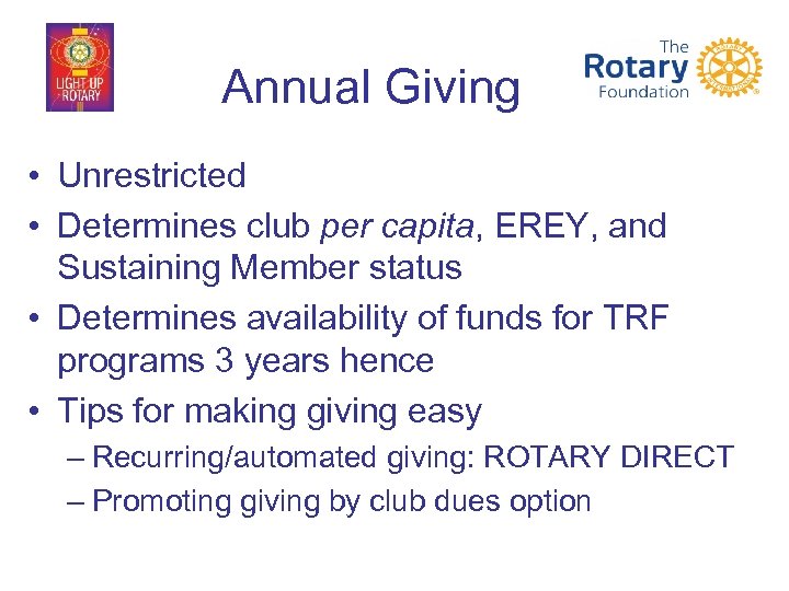 Annual Giving • Unrestricted • Determines club per capita, EREY, and Sustaining Member status