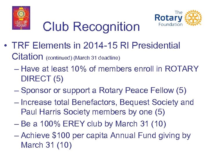 Club Recognition • TRF Elements in 2014 -15 RI Presidential Citation (continued) (March 31