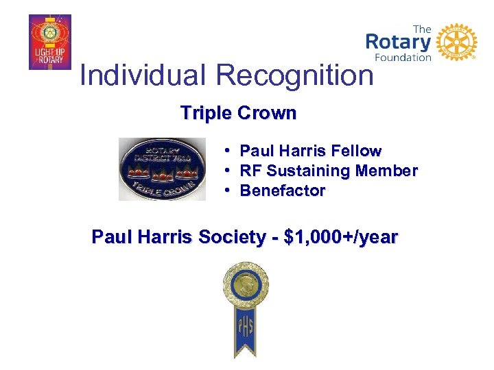 Individual Recognition Triple Crown • Paul Harris Fellow • RF Sustaining Member • Benefactor