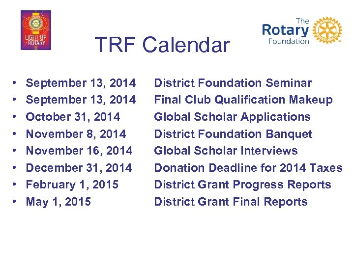 TRF Calendar • • September 13, 2014 October 31, 2014 November 8, 2014 November
