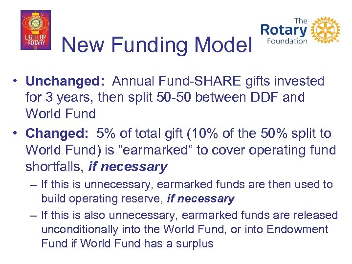 New Funding Model • Unchanged: Annual Fund-SHARE gifts invested for 3 years, then split