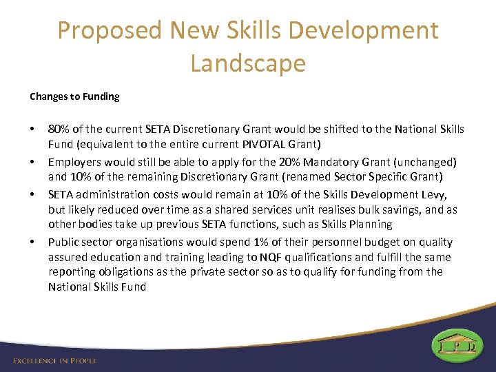 Proposed New Skills Development Landscape Changes to Funding • • 80% of the current