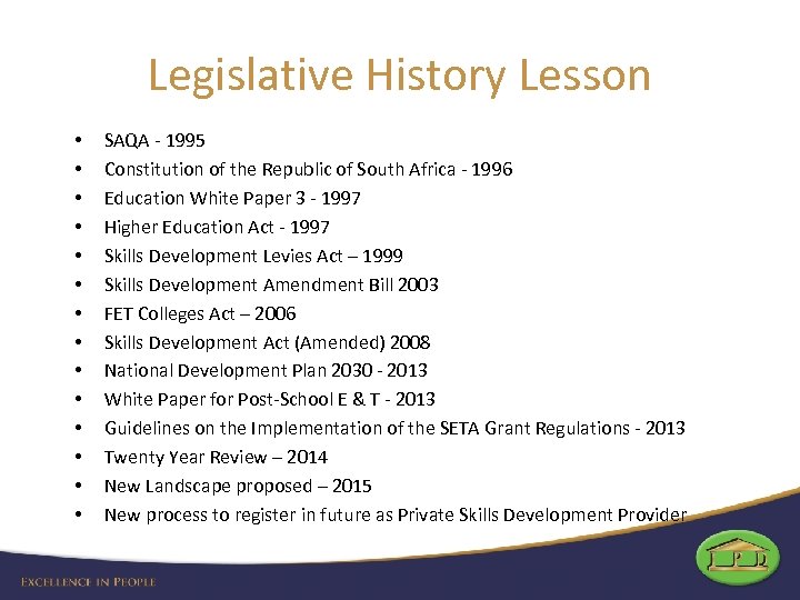 Legislative History Lesson • • • • SAQA - 1995 Constitution of the Republic