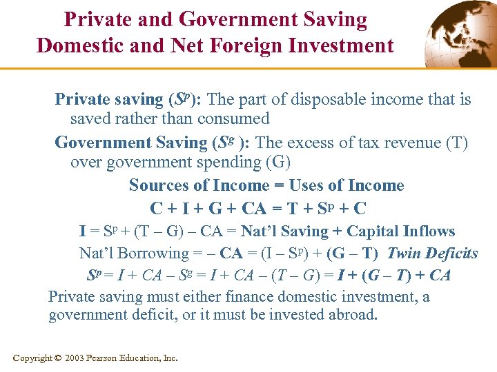 Private and Government Saving Domestic and Net Foreign Investment Private saving (Sp): The part