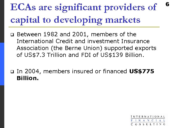 ECAs are significant providers of capital to developing markets q Between 1982 and 2001,