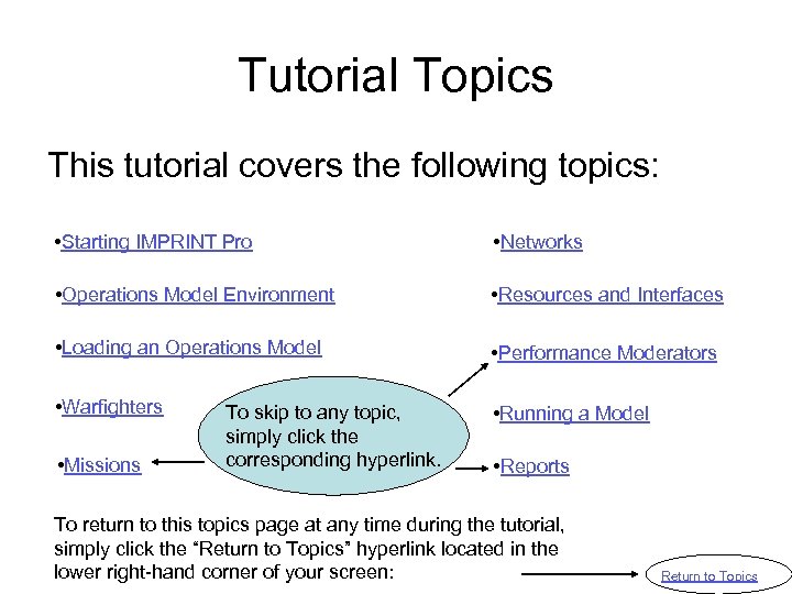 Tutorial Topics This tutorial covers the following topics: • Starting IMPRINT Pro • Networks