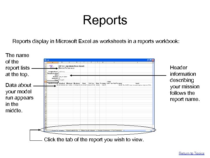 Reports display in Microsoft Excel as worksheets in a reports workbook: The name of