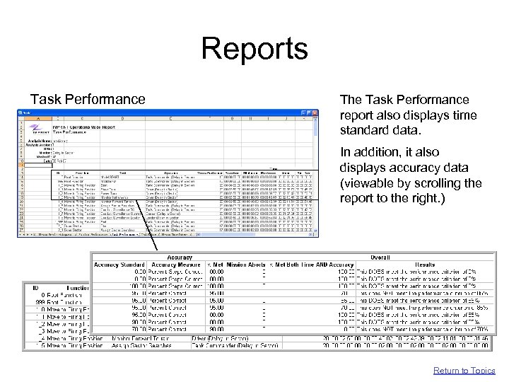 Reports Task Performance The Task Performance report also displays time standard data. In addition,