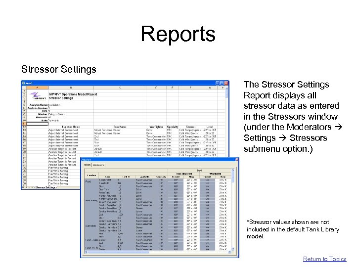 Reports Stressor Settings The Stressor Settings Report displays all stressor data as entered in