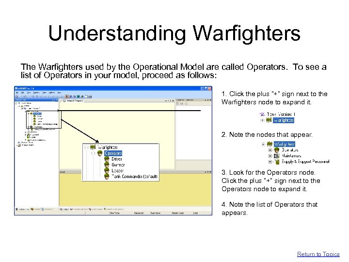 Understanding Warfighters The Warfighters used by the Operational Model are called Operators. To see