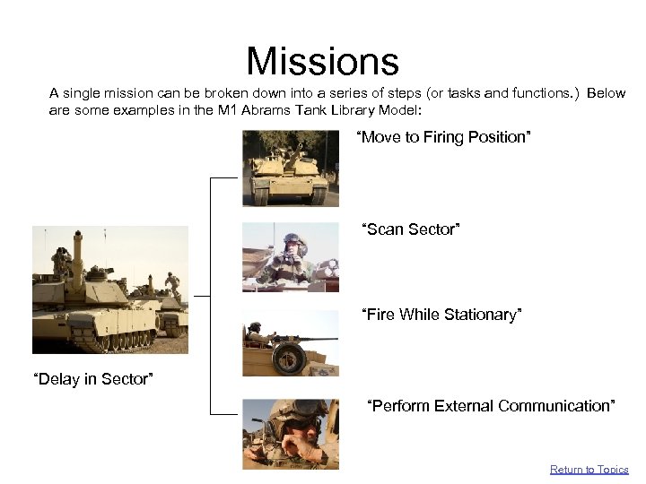 Missions A single mission can be broken down into a series of steps (or