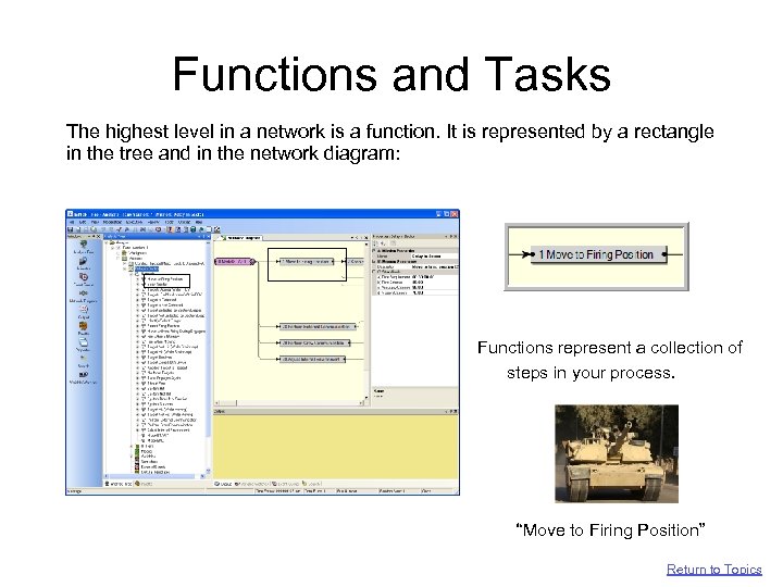 Functions and Tasks The highest level in a network is a function. It is