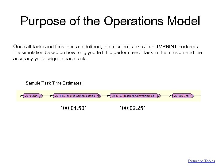 Purpose of the Operations Model Once all tasks and functions are defined, the mission