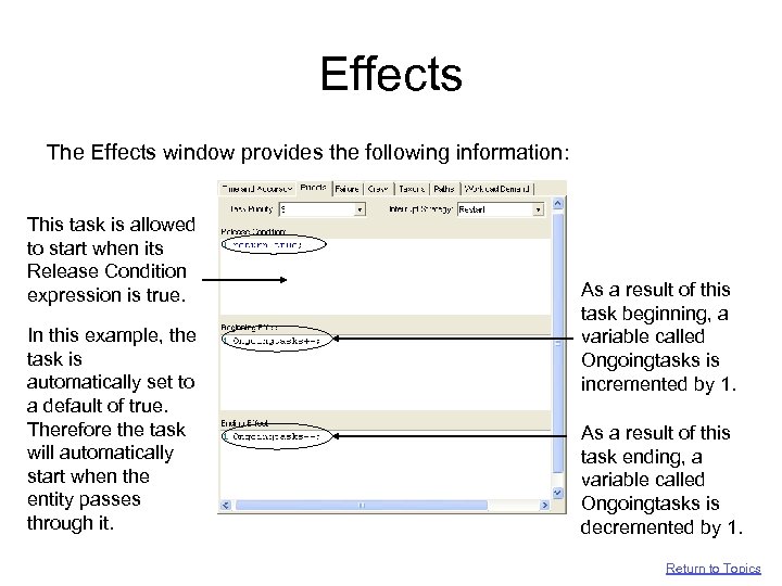 Effects The Effects window provides the following information: This task is allowed to start