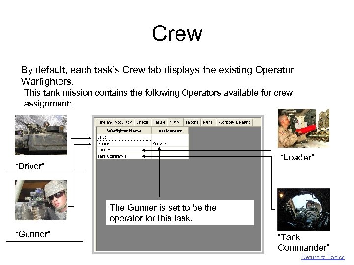 Crew By default, each task’s Crew tab displays the existing Operator Warfighters. This tank