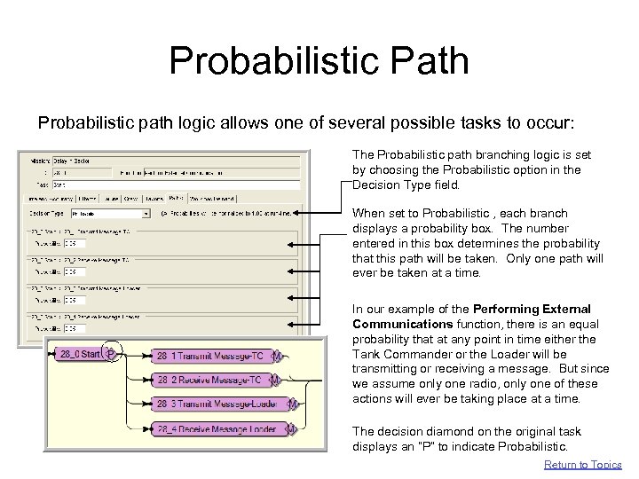 Probabilistic Path Probabilistic path logic allows one of several possible tasks to occur: The