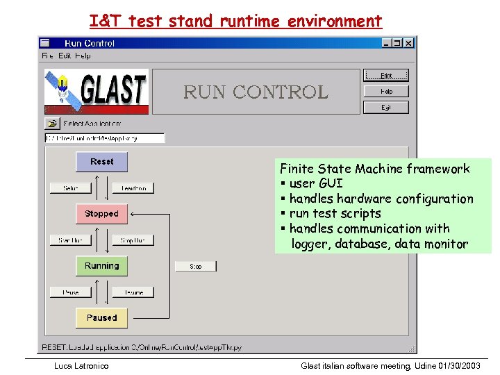I&T test stand runtime environment Finite State Machine framework § user GUI § handles