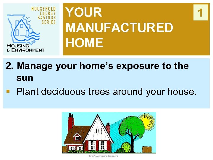 YOUR MANUFACTURED HOME 2. Manage your home’s exposure to the sun § Plant deciduous