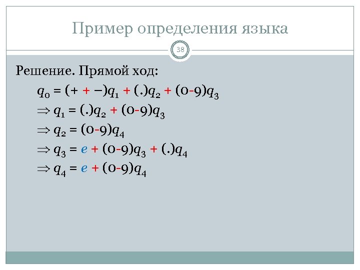 Пример определения языка 38 Решение. Прямой ход: q 0 = (+ + –)q 1