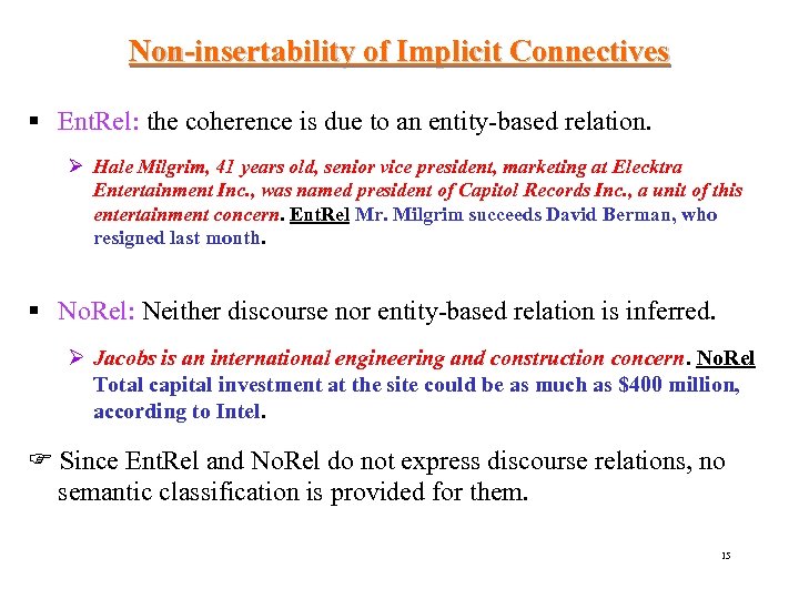 Non-insertability of Implicit Connectives § Ent. Rel: the coherence is due to an entity-based