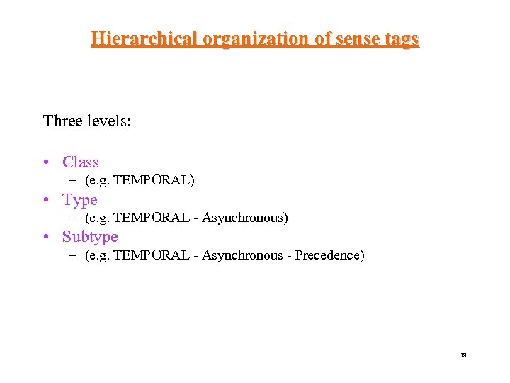 Hierarchical organization of sense tags Three levels: • Class – (e. g. TEMPORAL) •