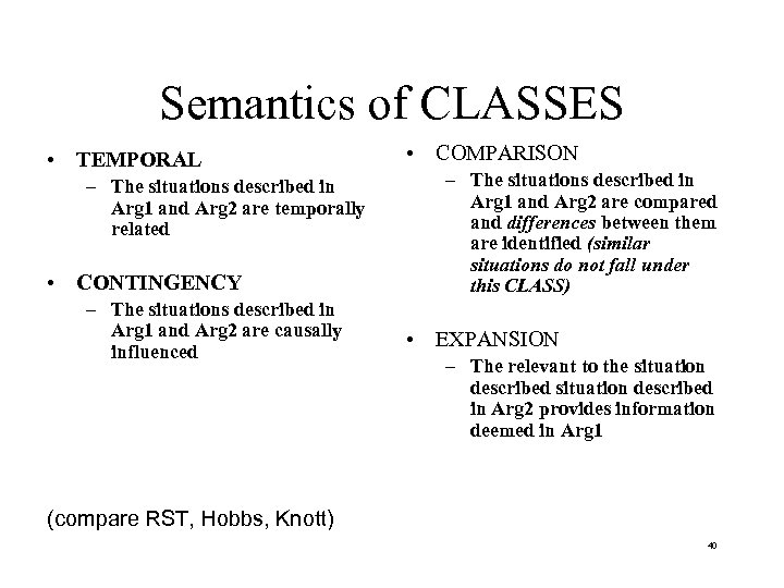Semantics of CLASSES • TEMPORAL – The situations described in Arg 1 and Arg