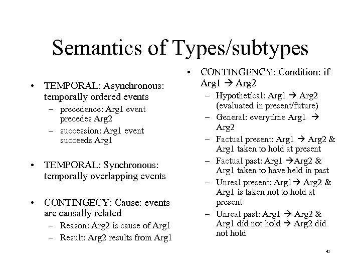 Semantics of Types/subtypes • TEMPORAL: Asynchronous: temporally ordered events – precedence: Arg 1 event
