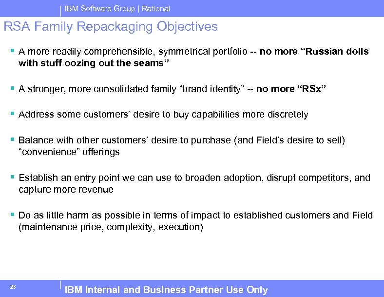 IBM Software Group | Rational RSA Family Repackaging Objectives § A more readily comprehensible,