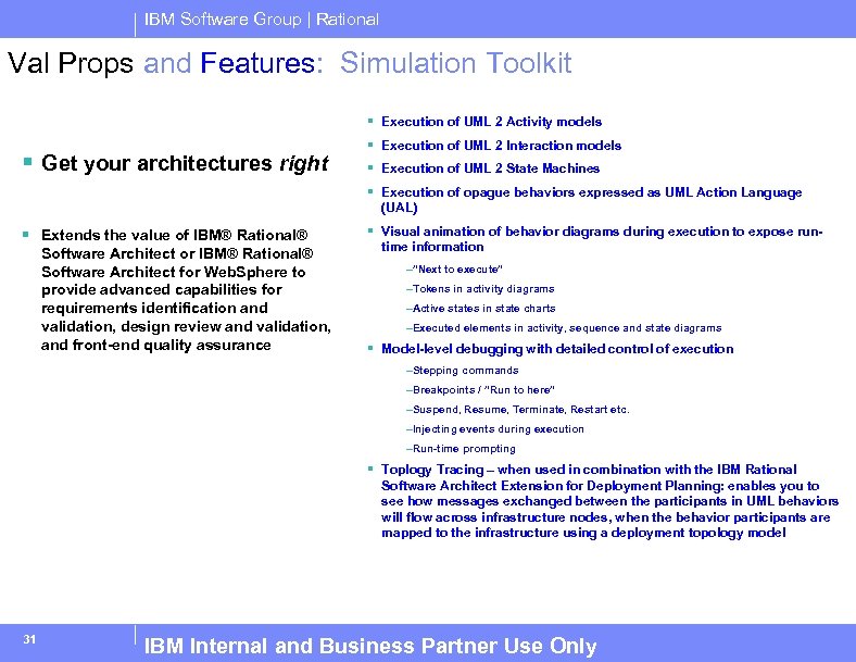 IBM Software Group | Rational Val Props and Features: Simulation Toolkit § Execution of