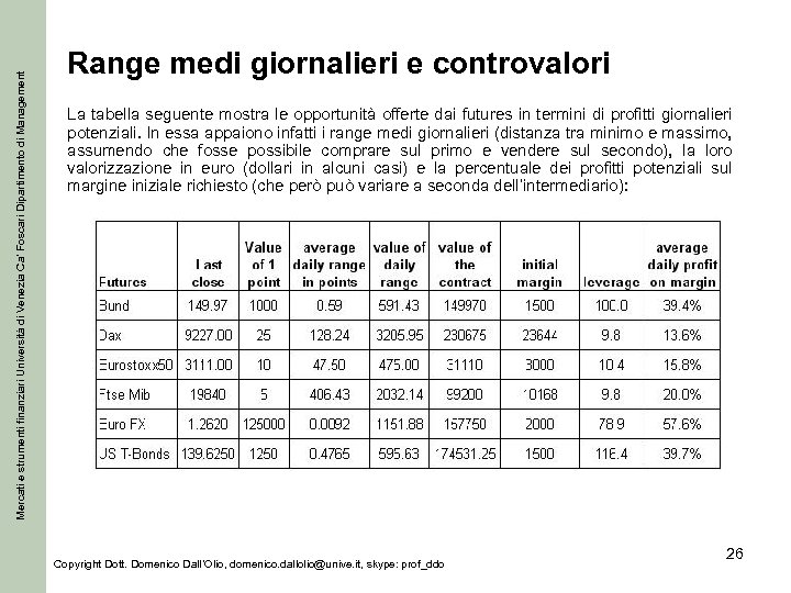 Mercati e strumenti finanziari Università di Venezia Ca’ Foscari Dipartimento di Management Range medi