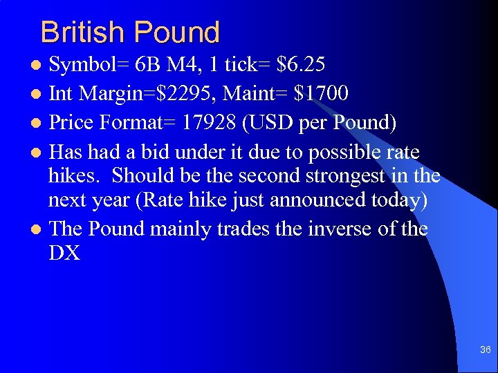 British Pound Symbol= 6 B M 4, 1 tick= $6. 25 l Int Margin=$2295,