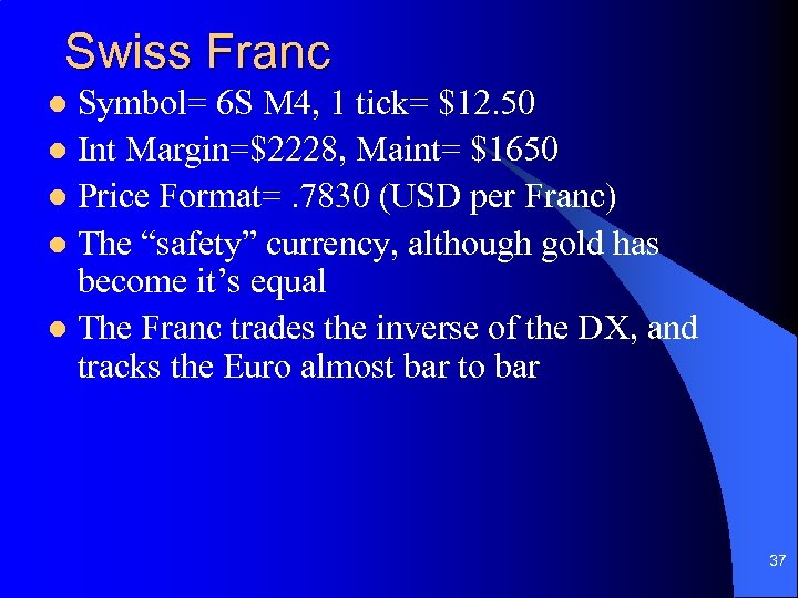 Swiss Franc Symbol= 6 S M 4, 1 tick= $12. 50 l Int Margin=$2228,