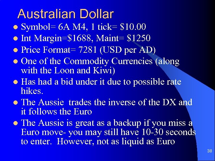 Australian Dollar Symbol= 6 A M 4, 1 tick= $10. 00 l Int Margin=$1688,